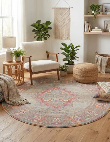 Light Blue Washable Fleur Round Rug