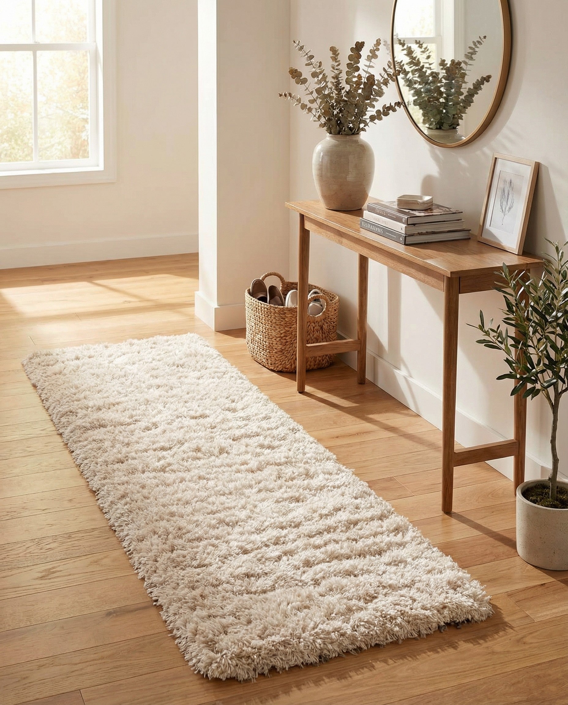 A soft, plush 7 ft runner rug in a solid ivory cream color, perfect for a hallway.