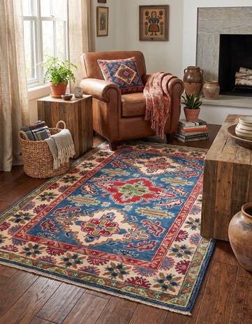 3' 4 x 4' 11 Hand Knotted Kazak Rug