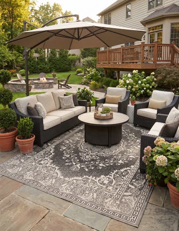 Black and White Easy-Clean Traditional Indoor / Outdoor Rug