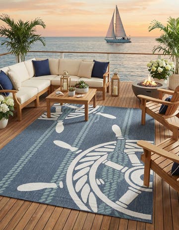 Navy Blue Easy-Clean Coastal Indoor / Outdoor Rug