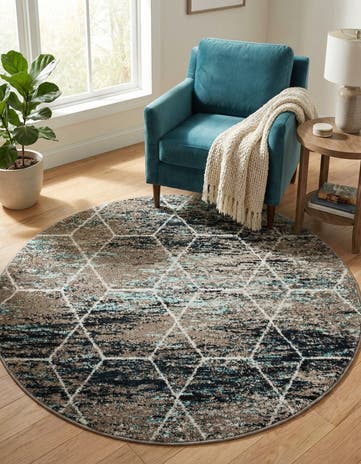 Blue Multi Lattice Frieze Round Rug