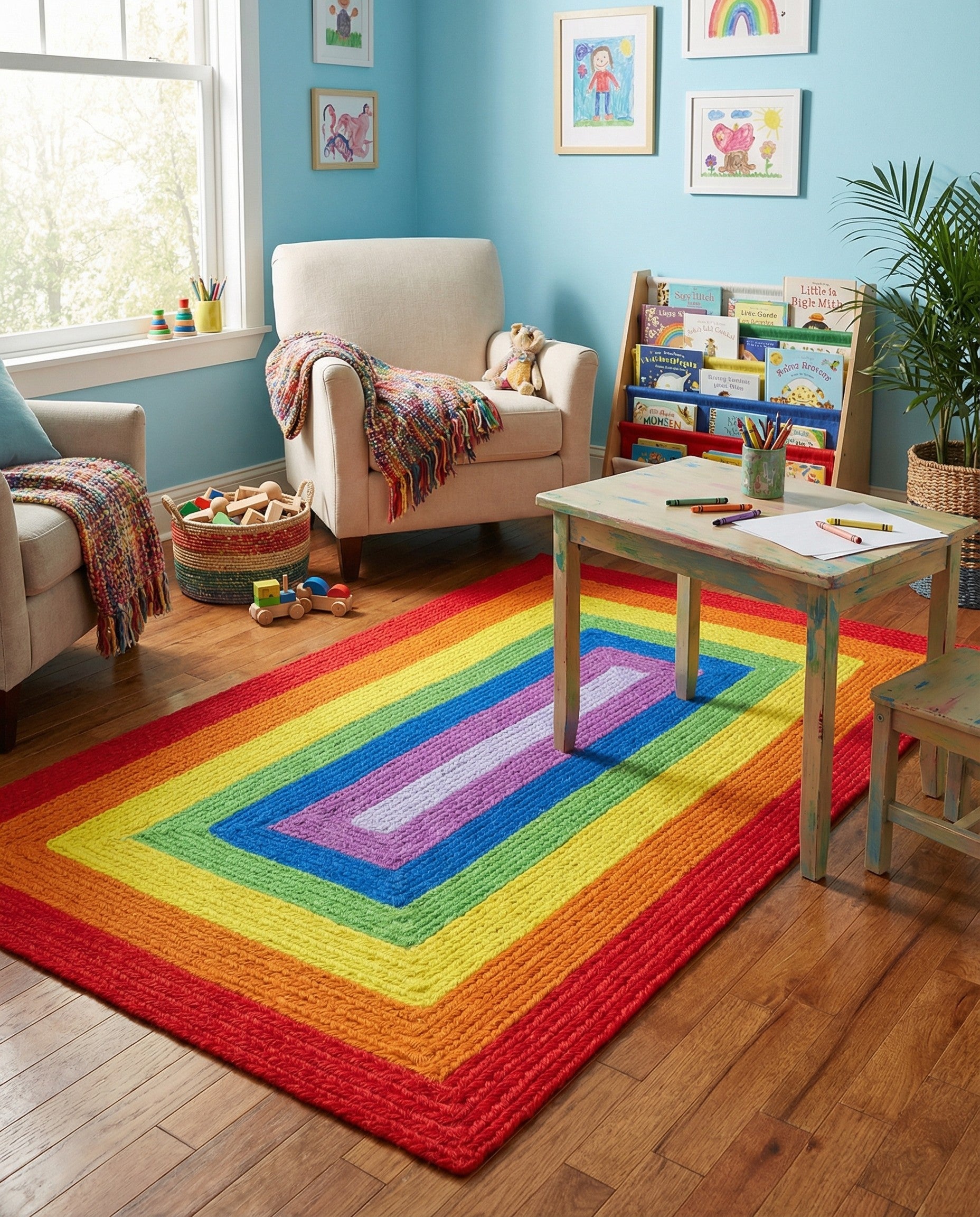 A vibrant 3x5 rectangular braided wool rug featuring a multi-colored rainbow pattern of concentric rectangles, perfect for an entryway.
