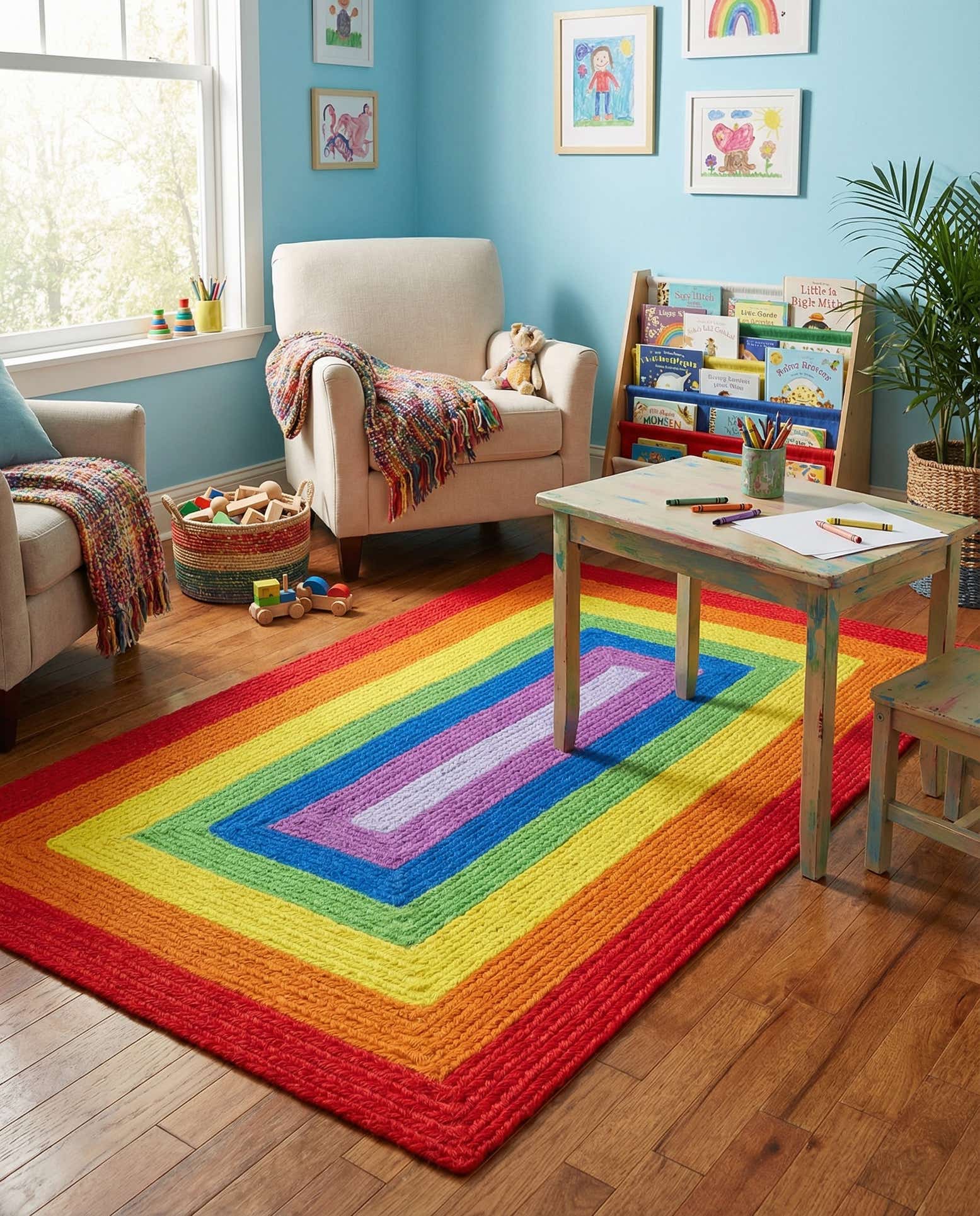 3' 1 x 5' 1 Handmade Hand Braided Rainbow Wool Rug