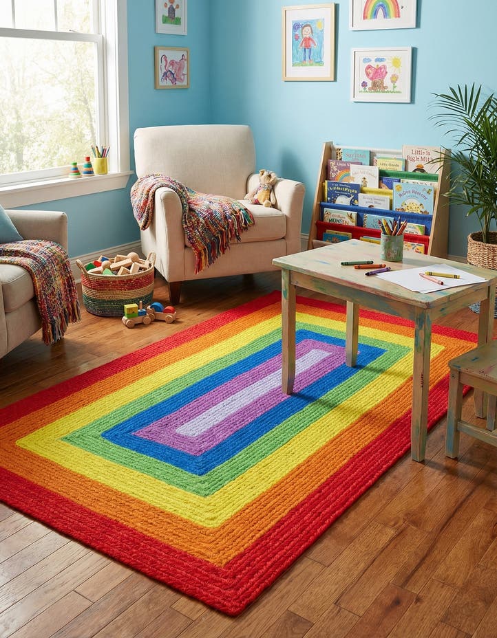 3' 1 x 5' 1 Handmade Hand Braided Rainbow Wo...