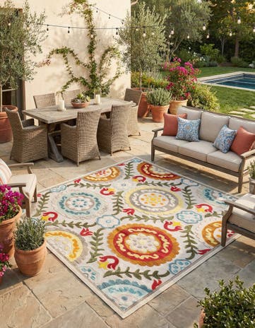 Ivory Beige Easy-Clean Casablanca Indoor / Outdoor Square Rug