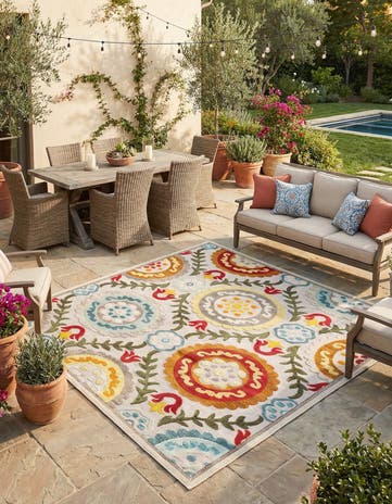 Ivory Beige Easy-Clean Casablanca Indoor / Outdoor Square Rug