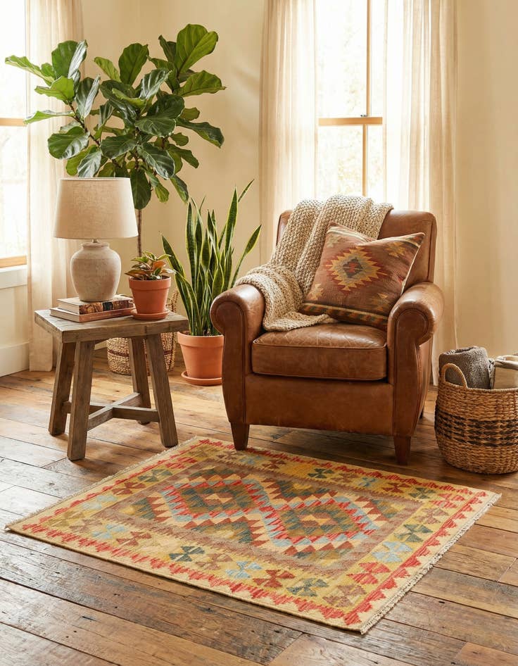 Detail image of 3' 2 x 3' 8 Hand Woven Kilim Maymana Wool Square Rug