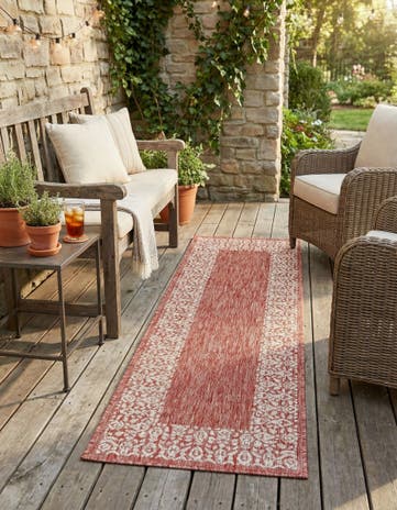 Rust Red Easy-Clean Border Indoor / Outdoor Runner Rug