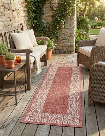 Rust Red Easy-Clean Border Indoor / Outdoor Runner Rug