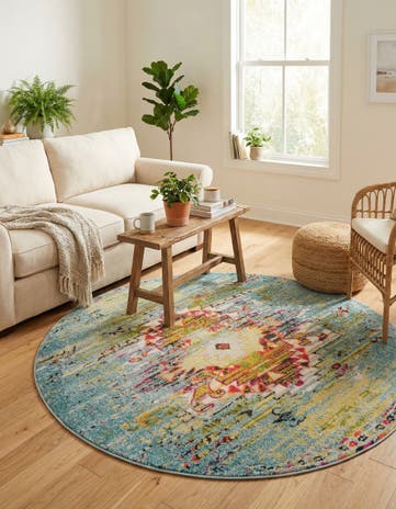 Turquoise Washable Carnevale Round Rug