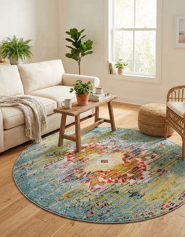 Turquoise Washable Carnevale Round Rug