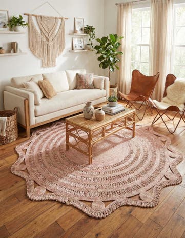 Pink and White Handmade Braided Jute Round Rug