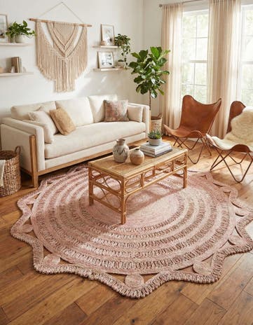 Pink and White Handmade Braided Jute Round Rug