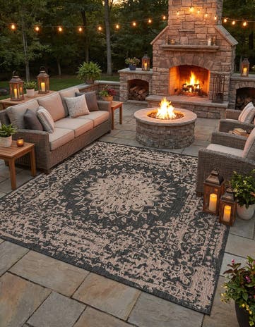 Black Easy-Clean Traditional Indoor / Outdoor Square Rug