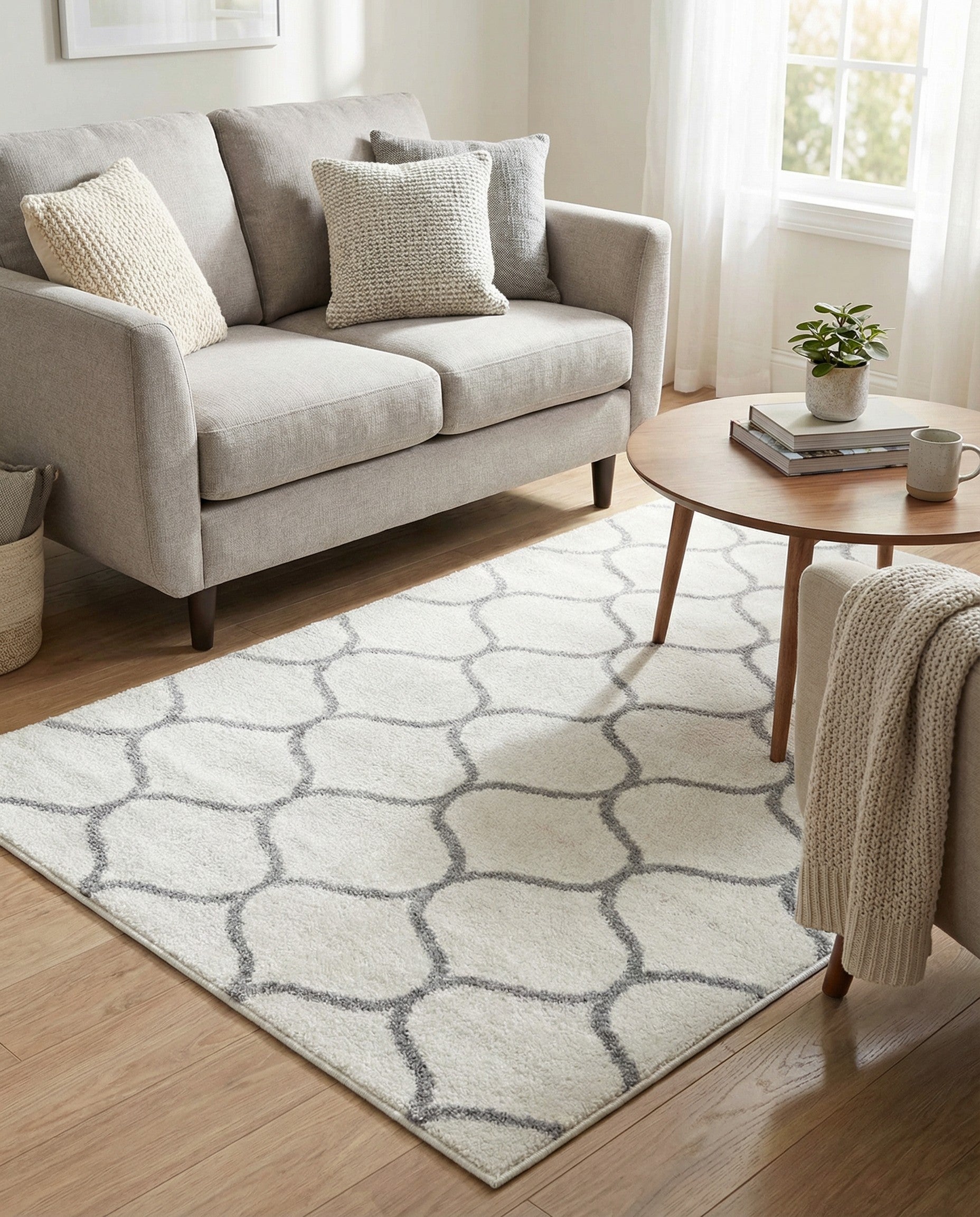 A 3x5 rectangular ivory area rug with a modern gray trellis pattern, suitable for a kitchen or entryway.