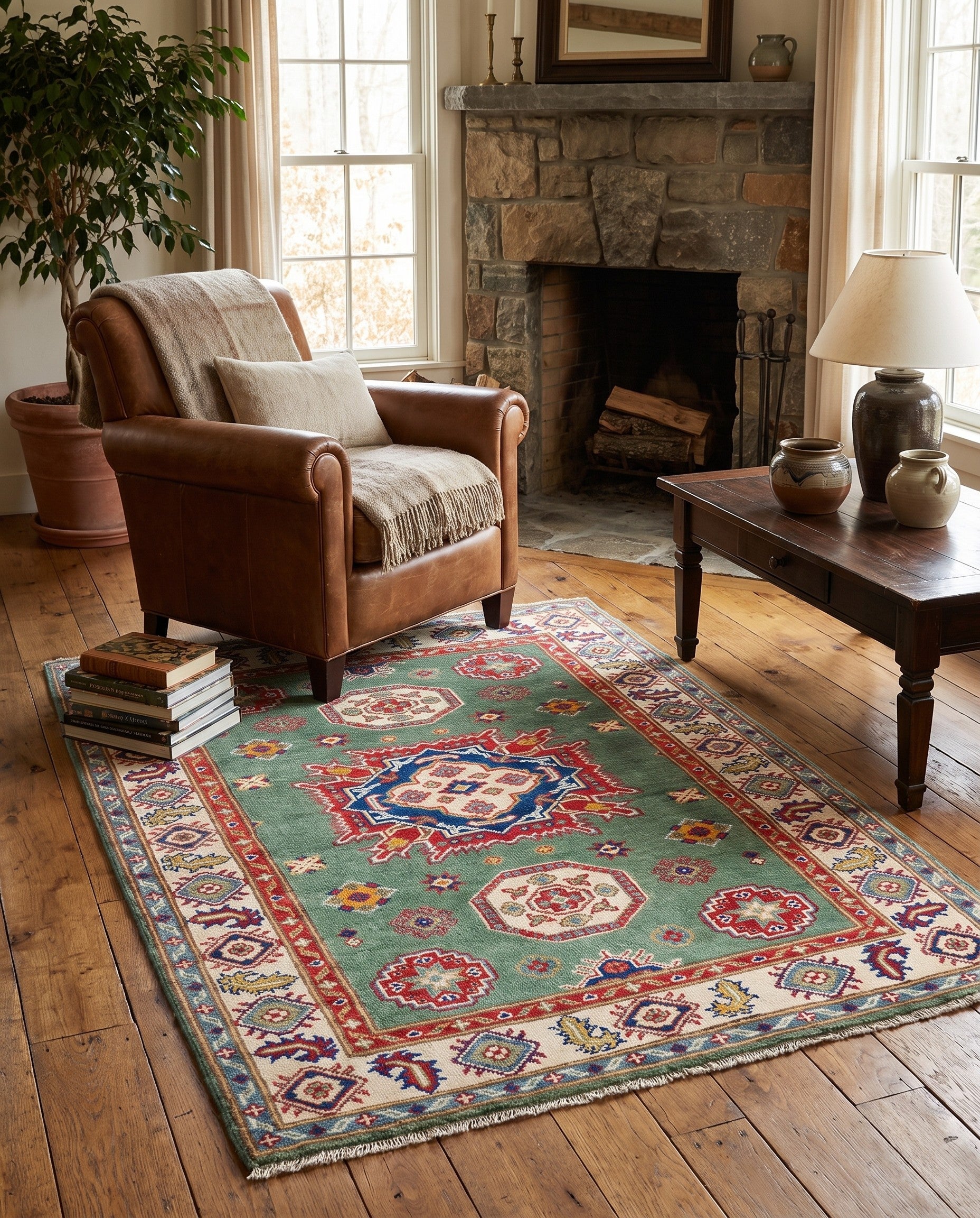 3' 4 x 4' 8 Hand Knotted Kazak Rug