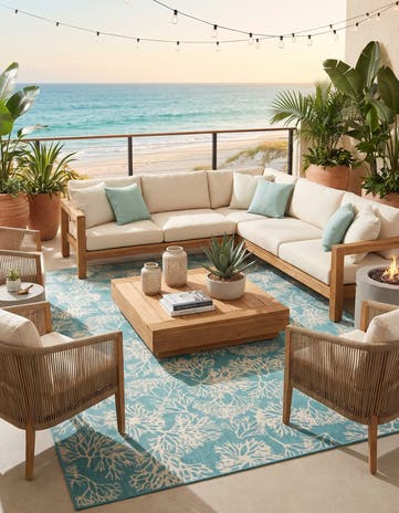Teal Easy-Clean Coastal Indoor / Outdoor Rug