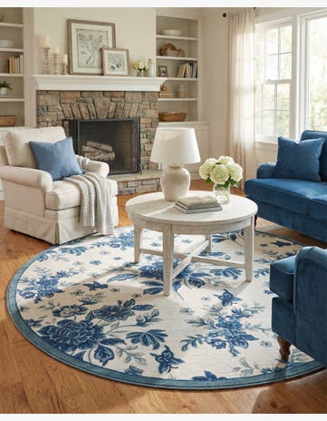 Ivory and Blue Blossom Round Rug