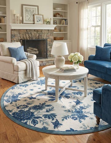 Ivory and Blue Blossom Round Rug