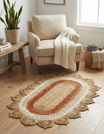 Natural White Orange Pink Handmade Braided Jute Oval Rug
