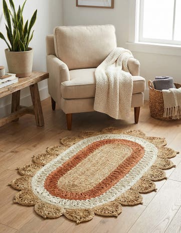 Natural White Orange Pink Handmade Braided Jute Oval Rug