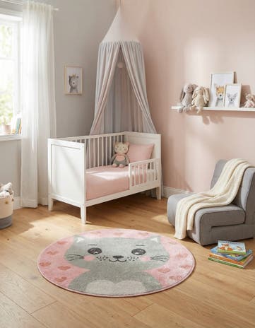 Pink Cat Whimsy Kids Round Rug