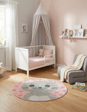Pink Cat Whimsy Kids Round Rug