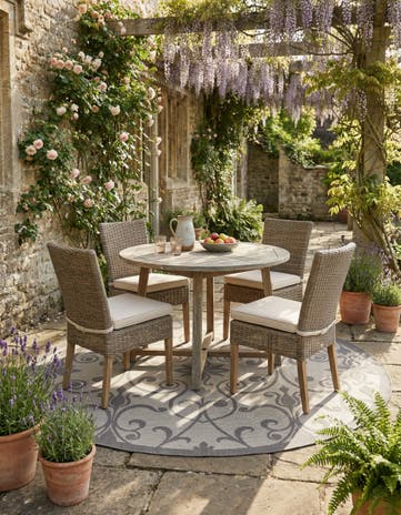 Gray Easy-Clean Botanical Indoor / Outdoor Round Rug