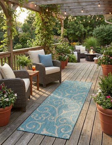Light Aqua Easy-Clean Botanical Indoor / Outdoor Runner Rug