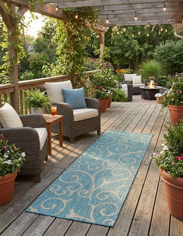 Light Aqua Easy-Clean Botanical Indoor / Outdoor Runner Rug