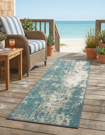 Blue Easy-Clean Coastal Indoor / Outdoor Runner Rug