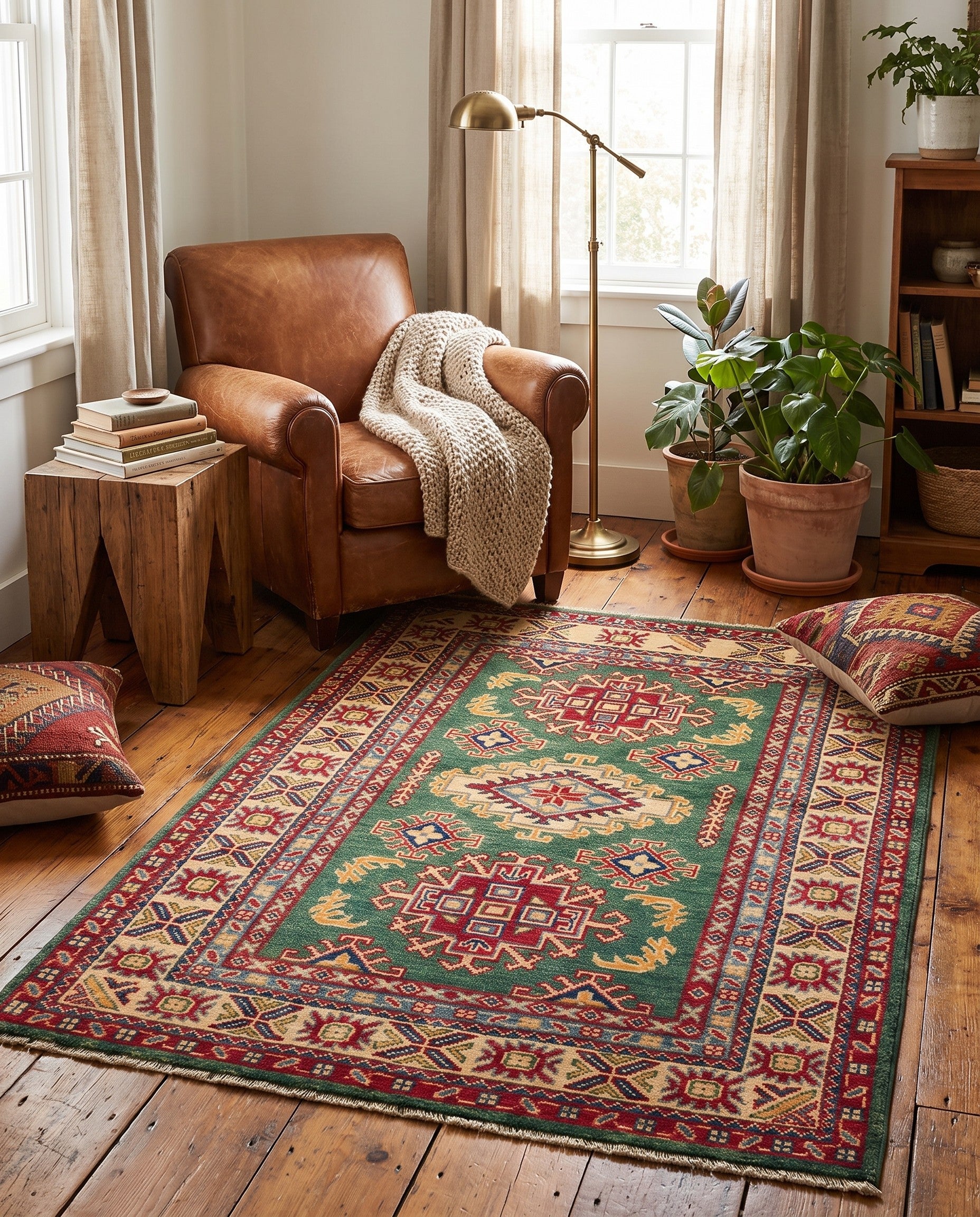 3' 4 x 4' 11 Hand Knotted Kazak Rug