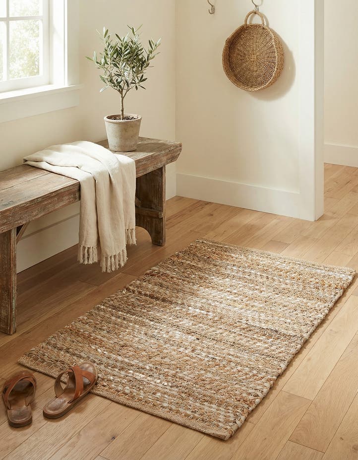 2' x 3' 1 Hand Woven Leather Metallic Jute Rug