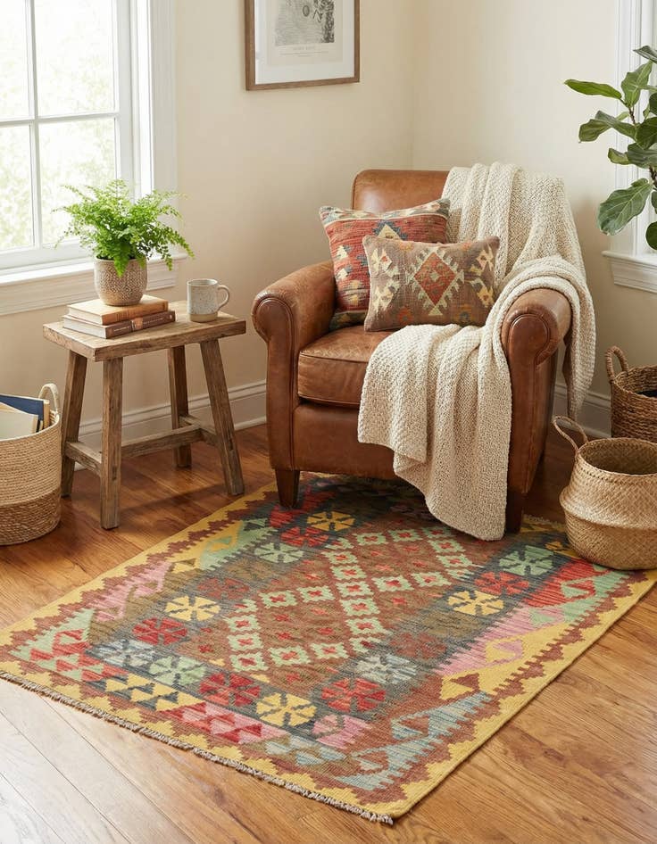 Detail image of 3' 2 x 3' 9 Hand Woven Kilim Maymana Wool Square Rug