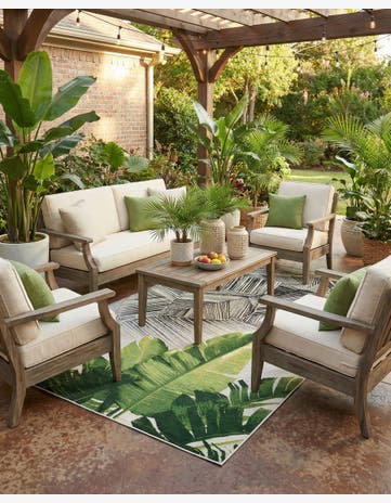 Balck and Green Easy-Clean Botanical Indoor / Outdoor Rug