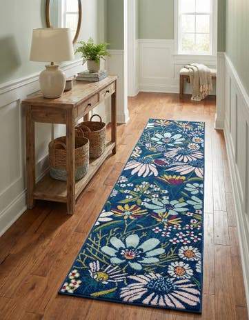 Navy Blue Bloom Runner Rug
