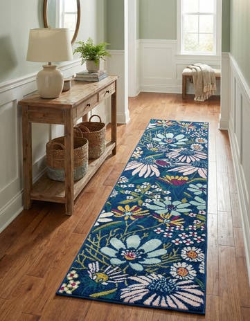 Navy Blue Bloom Runner Rug