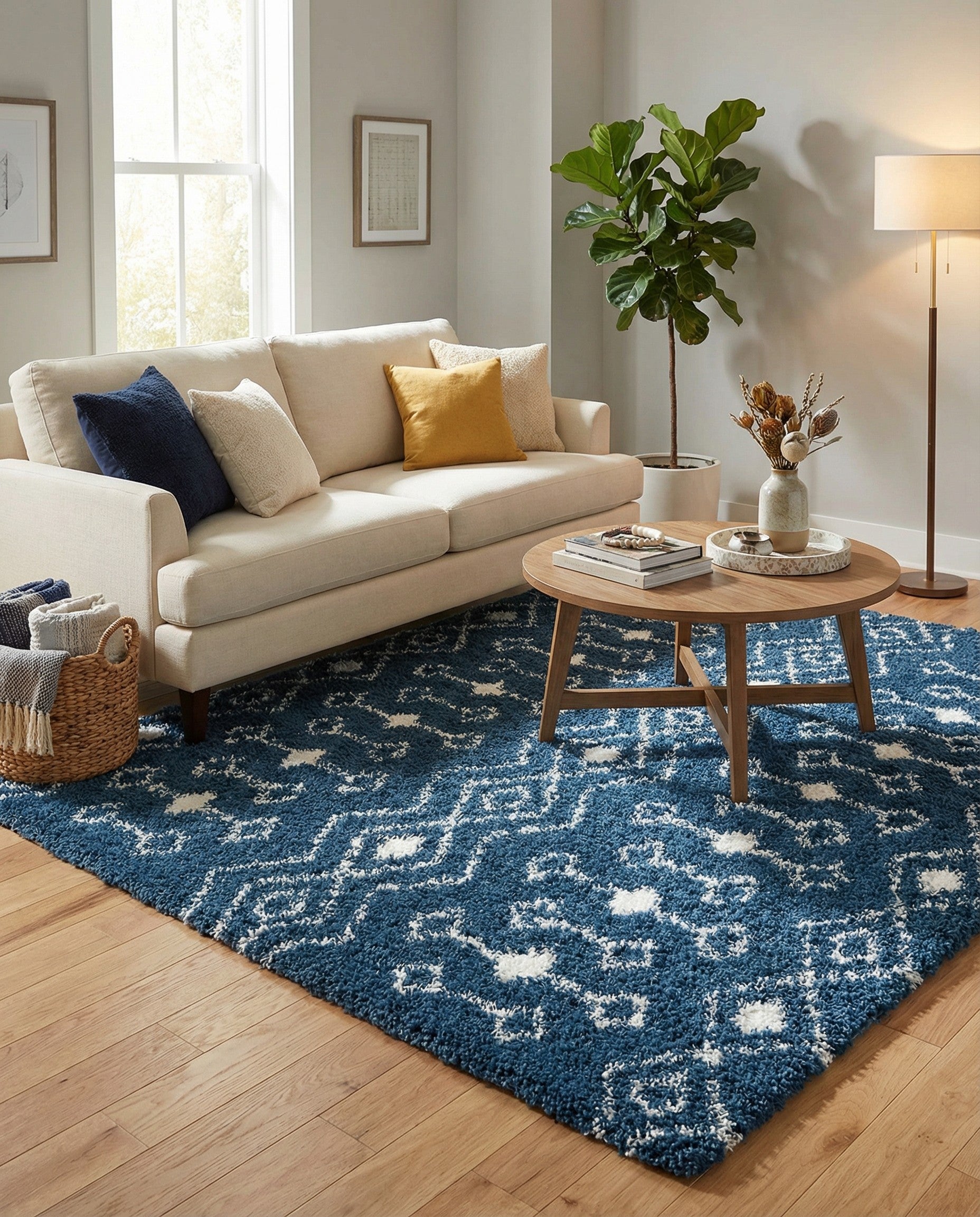 A square navy blue shag rug with a white tribal pattern featuring diamonds and abstract geometric shapes.