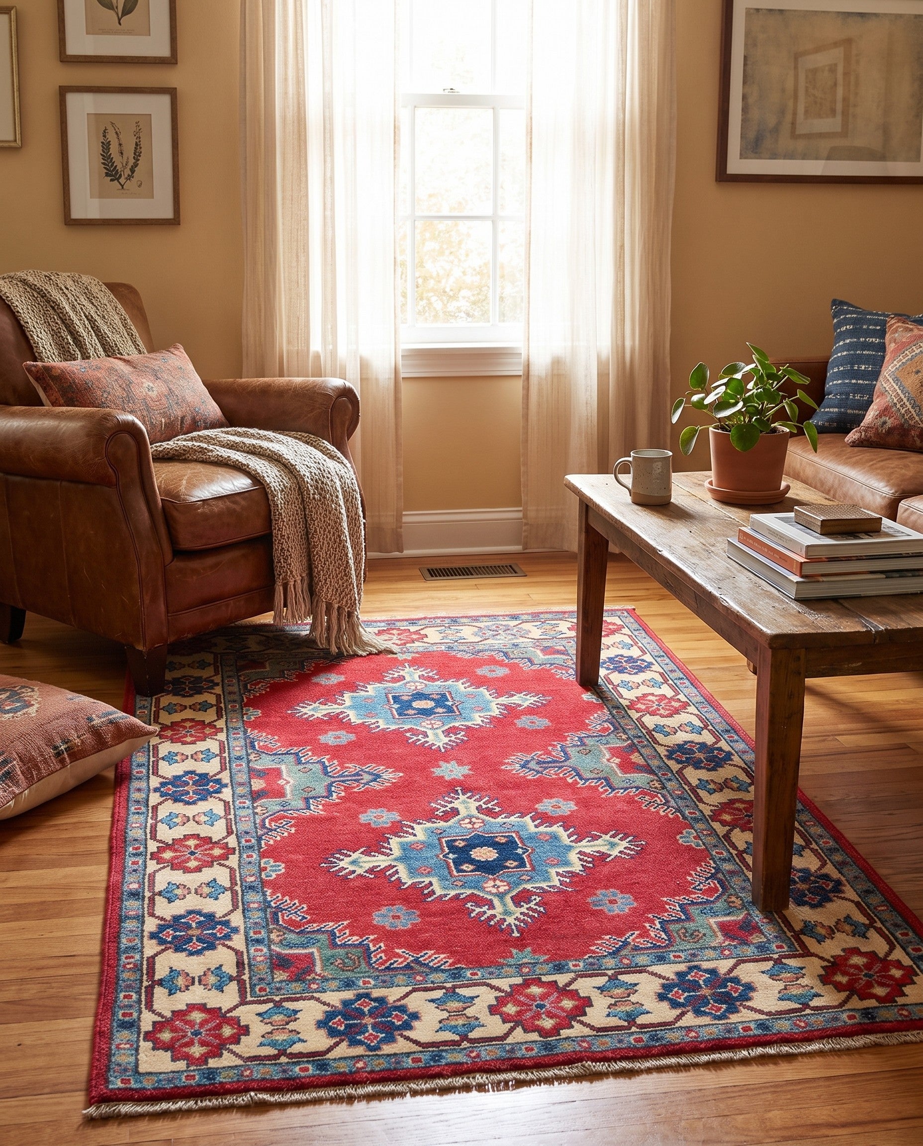 3' 4 x 4' 11 Hand Knotted Kazak Rug