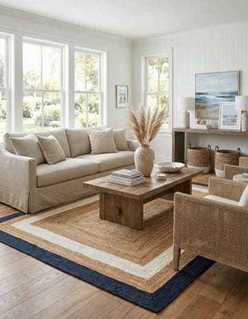 Navy Blue White Natural Handmade Braided Jute Rug