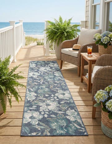 Blue Easy-Clean Coastal Indoor / Outdoor Runner Rug