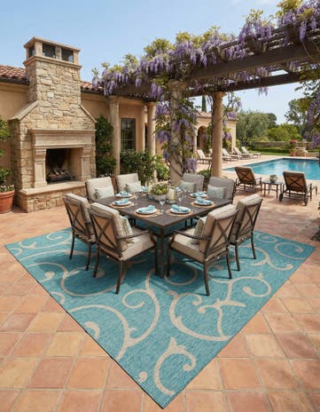 Light Aqua Easy-Clean Botanical Indoor / Outdoor Square Rug