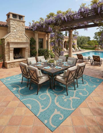 Light Aqua Easy-Clean Botanical Indoor / Outdoor Square Rug