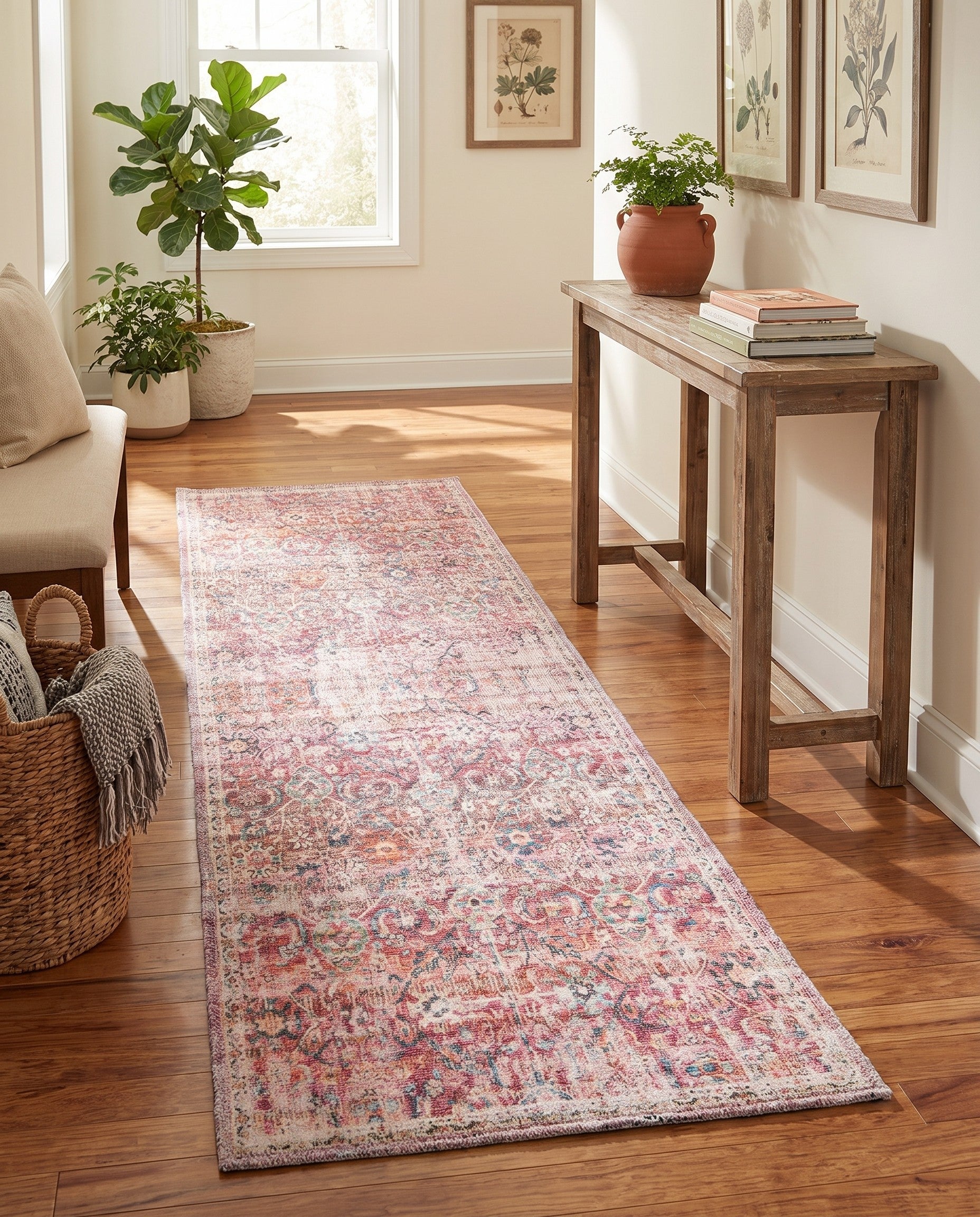Ivory and Pink Washable Nostalgia Runner Rug