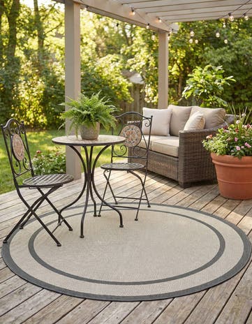 Gray Easy-Clean Border Indoor / Outdoor Round Rug