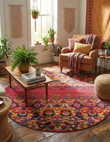 Red Washable Fleur Round Rug