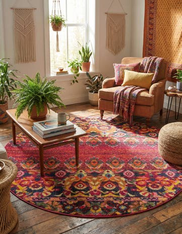 Red Washable Fleur Round Rug