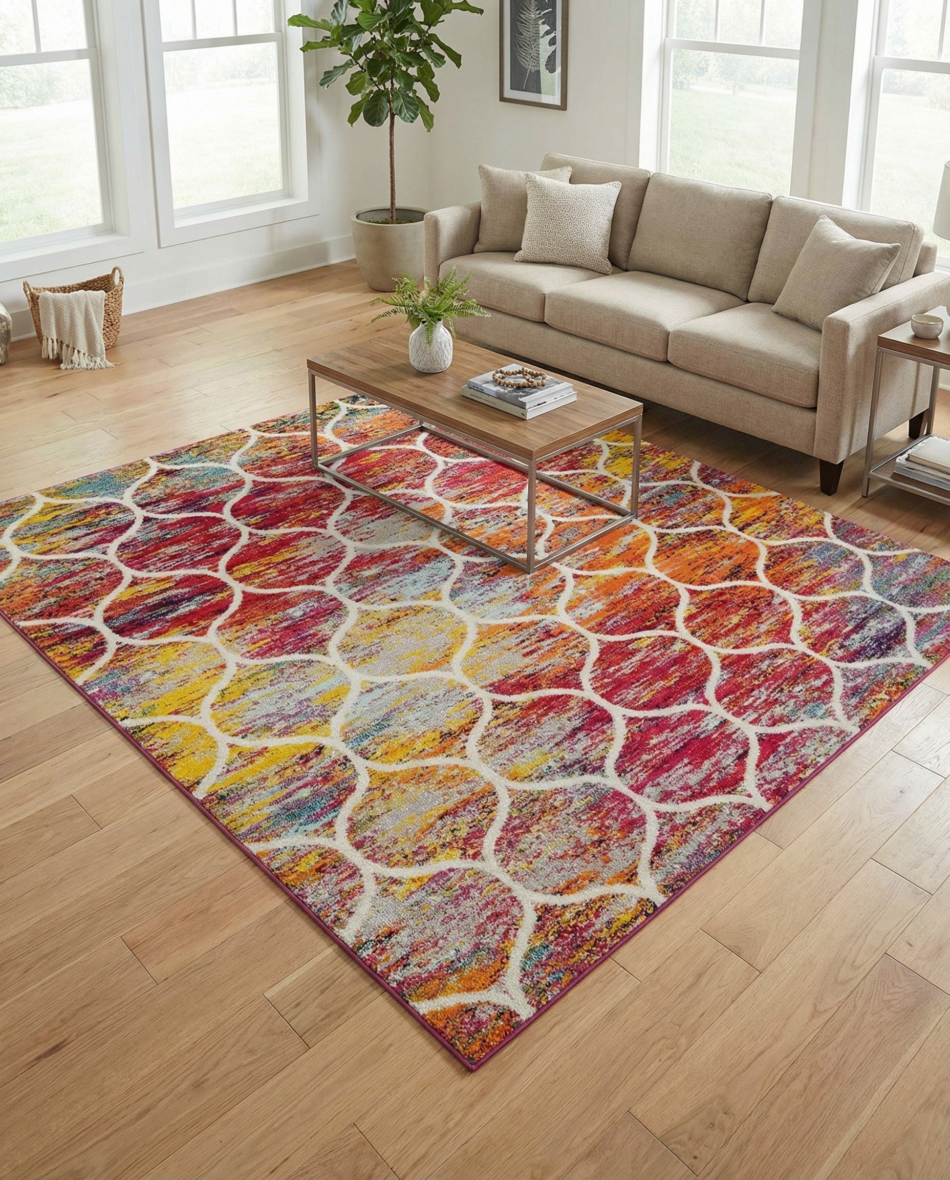 A vibrant multi-colored square rug featuring a modern white trellis pattern over a distressed abstract background.