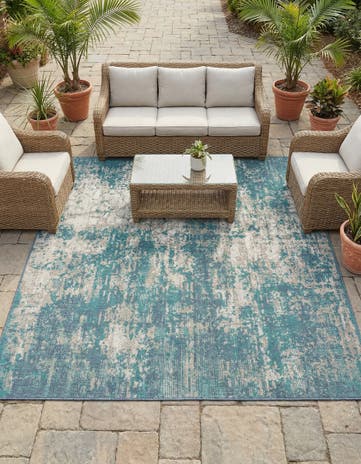 Blue Easy-Clean Coastal Indoor / Outdoor Square Rug